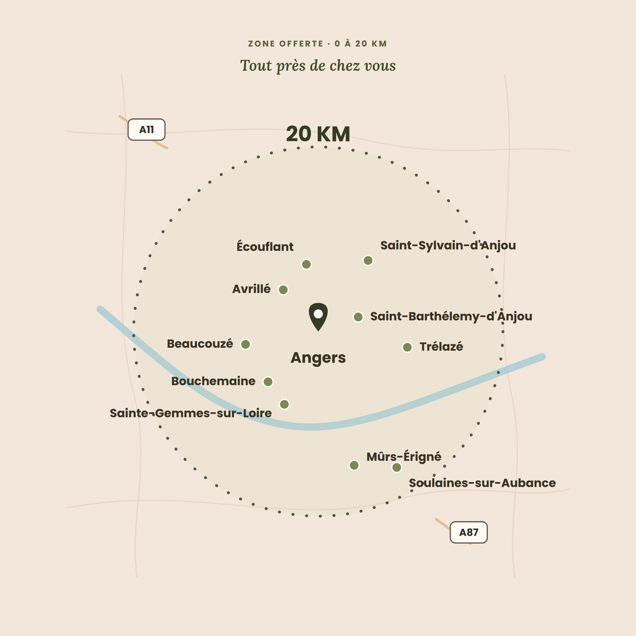 Carte de la zone d'intervention, 20 km autour d'Angers